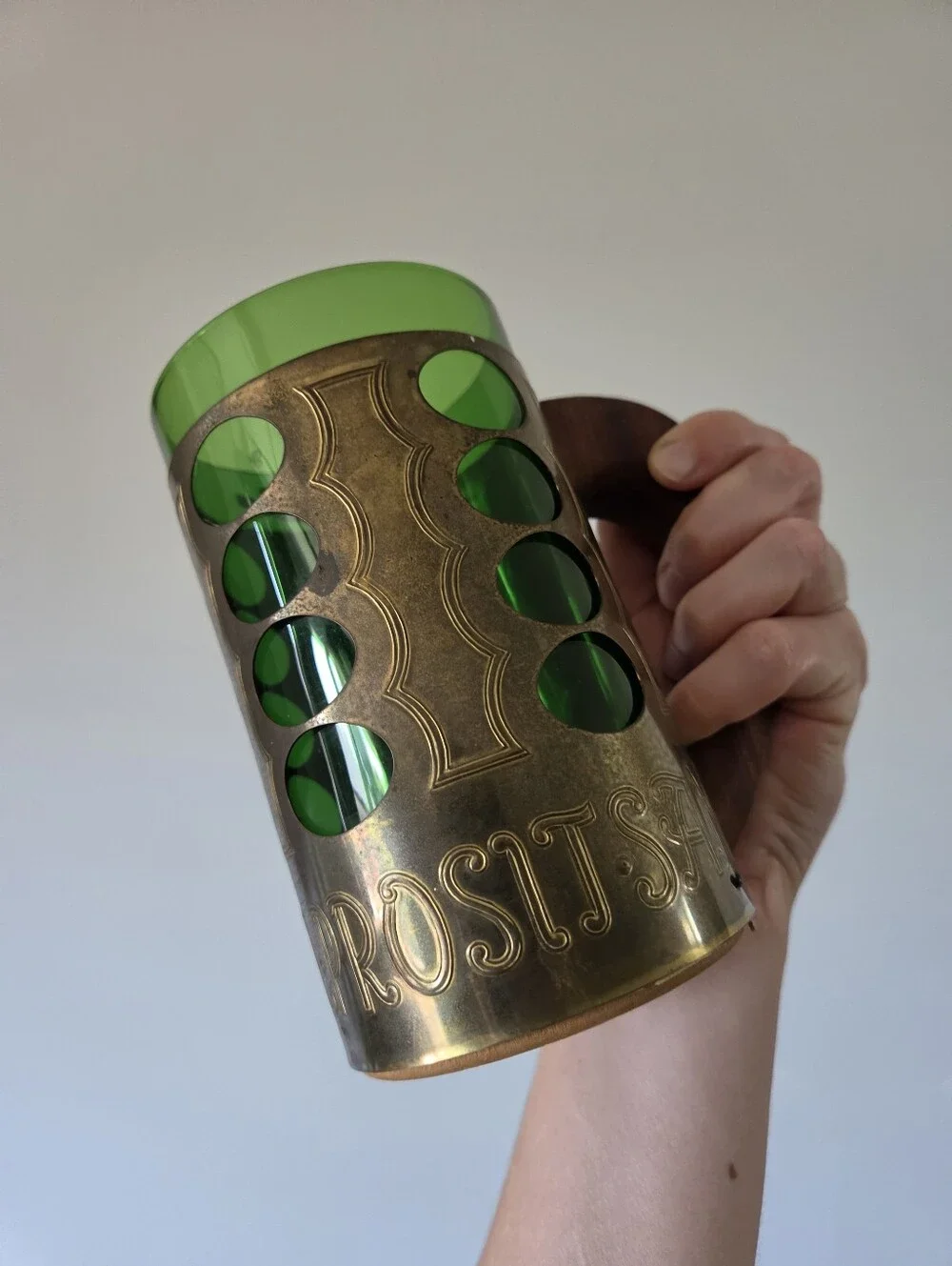 Vintage Swedish Green Glass Beer Mug Åke Elmer Hand Blown Metal Sleeve Mid-Centu